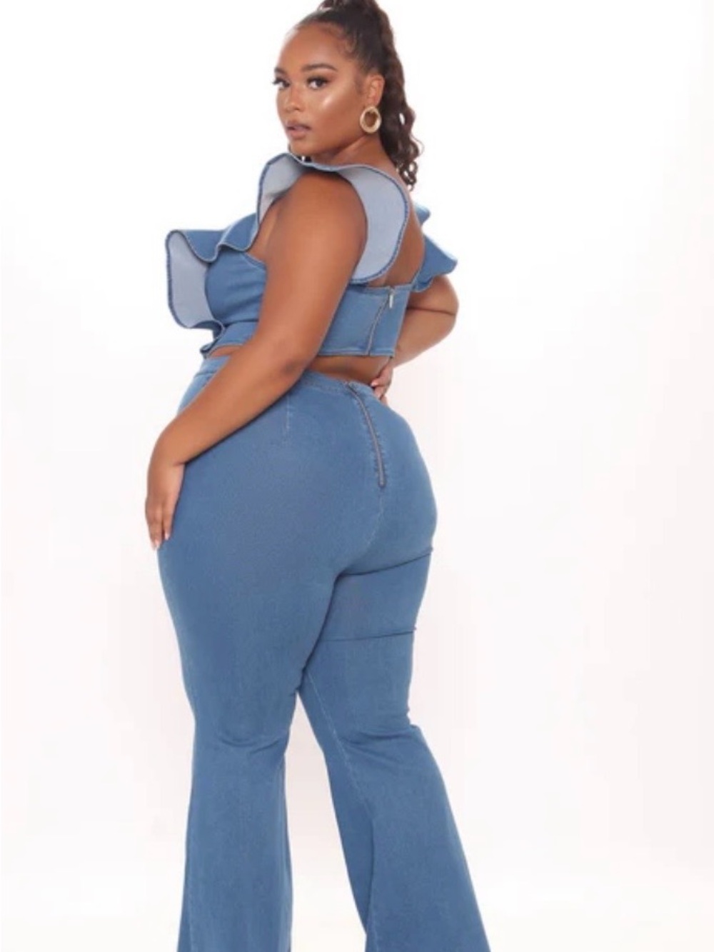 Fashion Nova Blue Ruffle Denim Jumpsuit